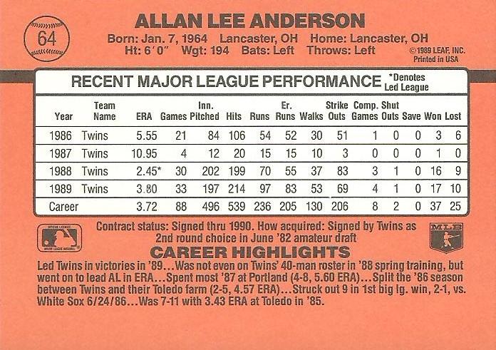 Allan Anderson  baseball card collectible - Main Image 2
