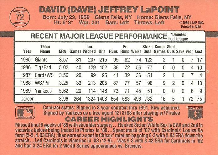Dave LaPoint  baseball card collectible - Main Image 2