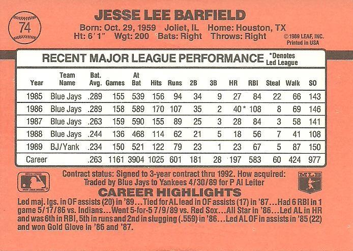 Jesse Barfield  baseball card collectible - Main Image 2