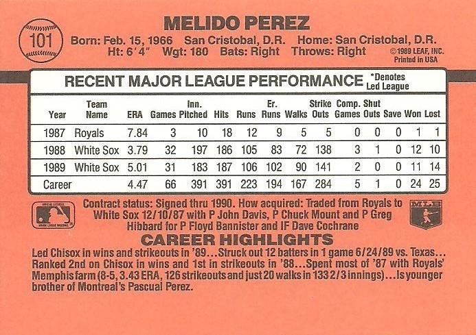 Melido Perez  baseball card collectible - Main Image 2