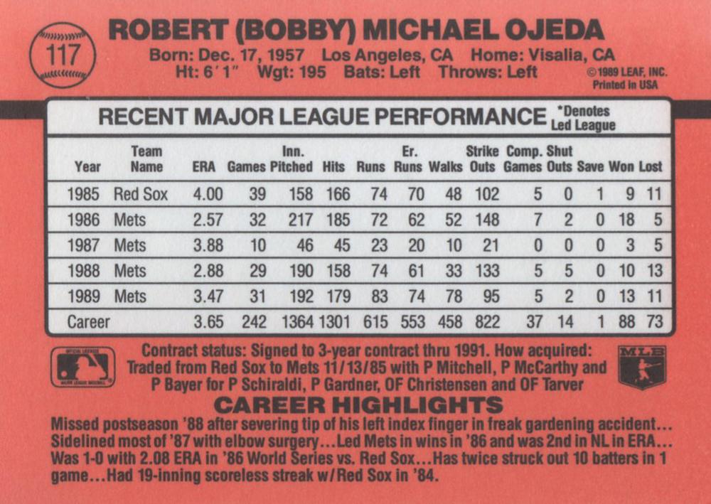 Bob Ojeda  baseball card collectible - Main Image 2