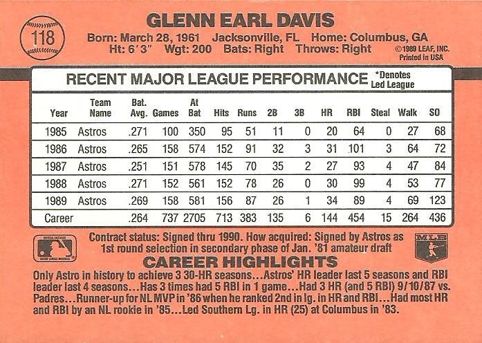 Glenn Davis  baseball card collectible - Main Image 2
