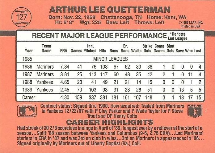 Lee Guetterman  baseball card collectible - Main Image 2