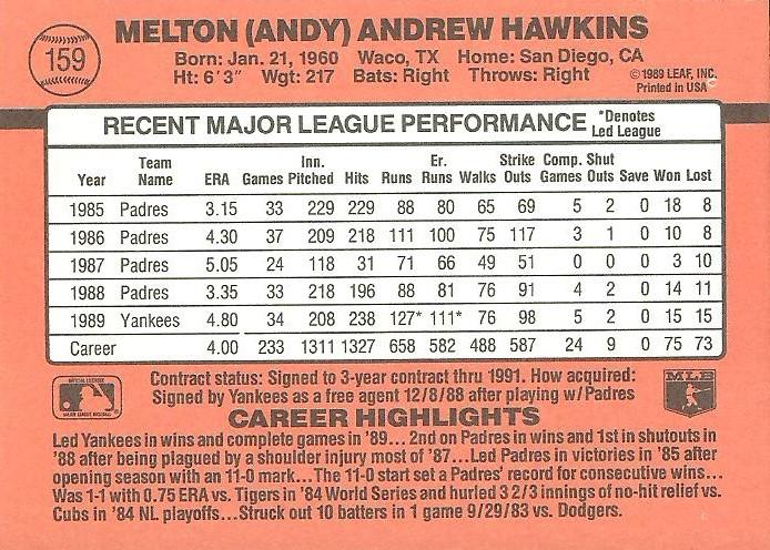 Andy Hawkins  baseball card collectible - Main Image 2