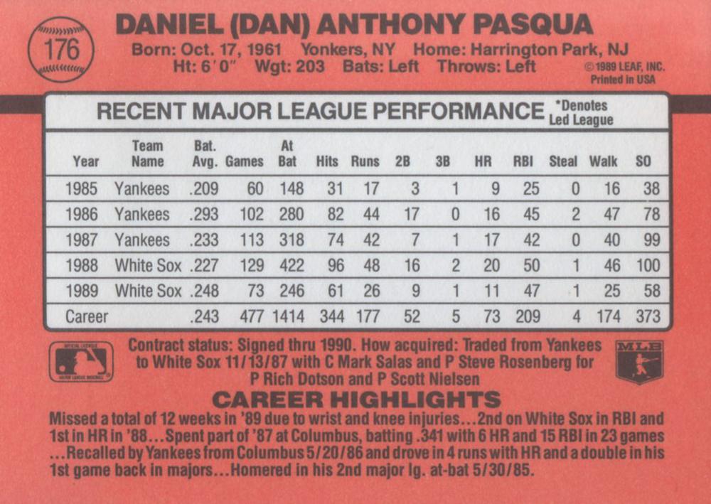 Dan Pasqua  baseball card collectible - Main Image 2
