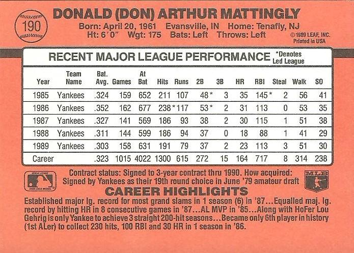 Don Mattingly  baseball card collectible - Main Image 2