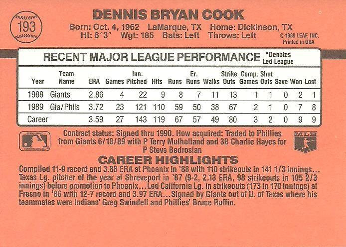 Dennis Cook  baseball card collectible - Main Image 2