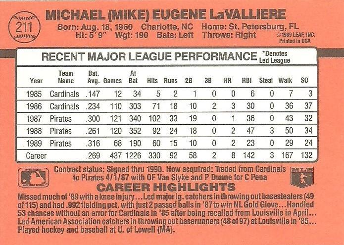 Mike LaValliere  baseball card collectible - Main Image 2