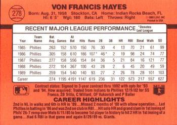 Von Hayes  baseball card collectible - Main Image 2