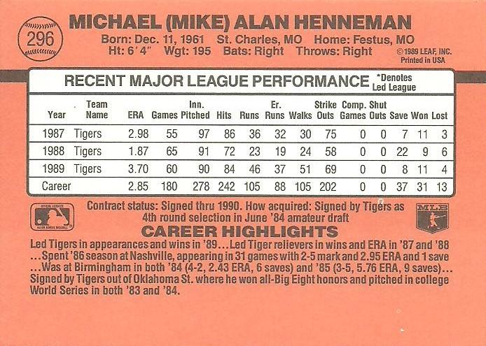 Mike Henneman  baseball card collectible - Main Image 2