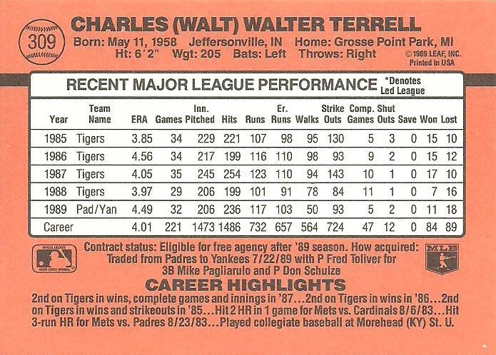 Walt Terrell  baseball card collectible - Main Image 2