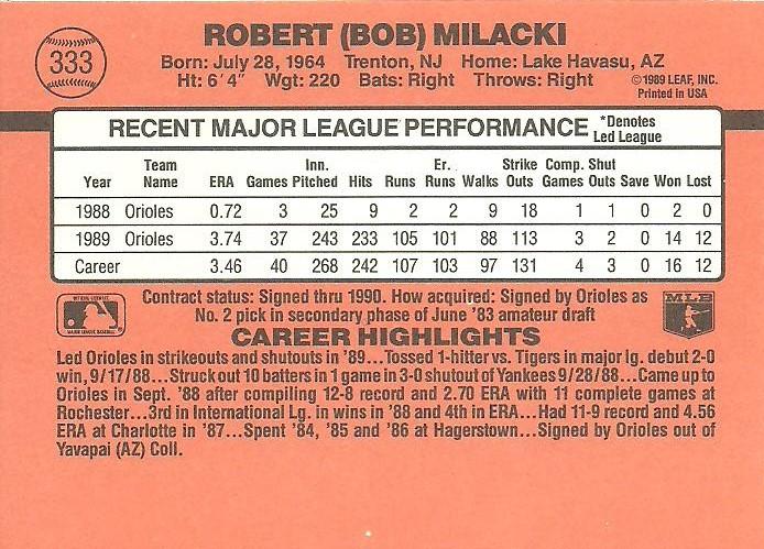 Bob Milacki  baseball card collectible - Main Image 2