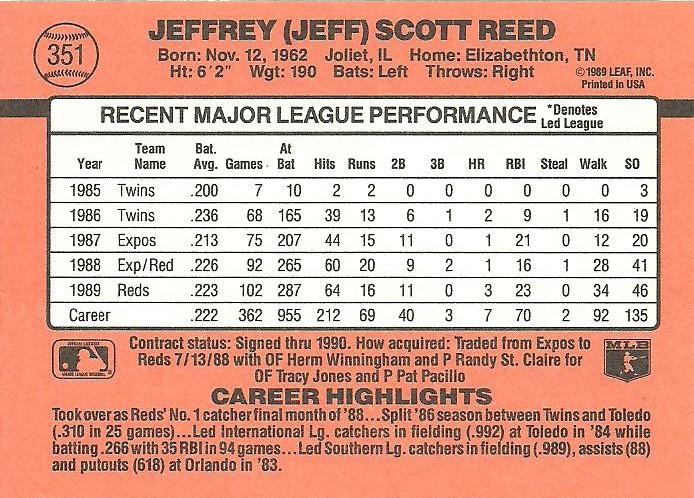 Jeff Reed  baseball card collectible - Main Image 2