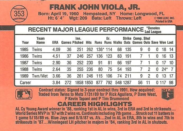Frank Viola  baseball card collectible - Main Image 2