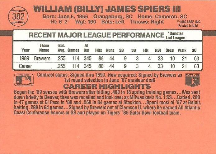 Bill Spiers  baseball card collectible - Main Image 2
