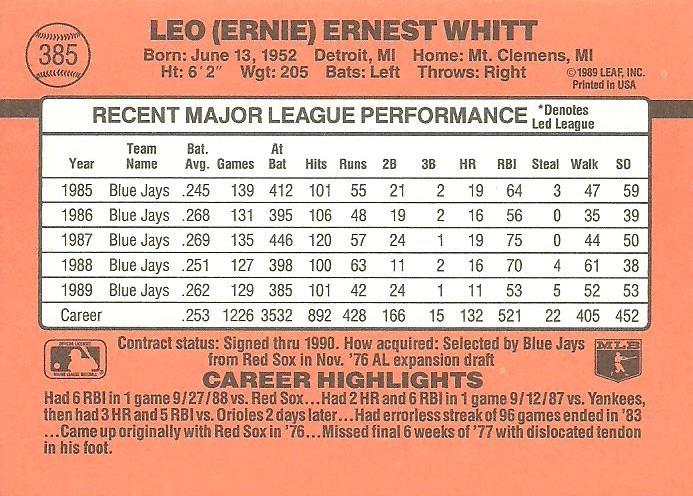 Ernie Whitt  baseball card collectible - Main Image 2