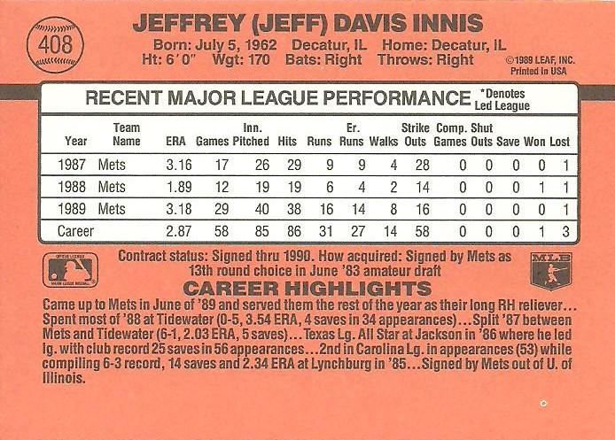 Jeff Innis  baseball card collectible - Main Image 2