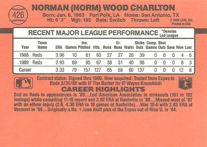 Norm Charlton  baseball card collectible - Main Image 2