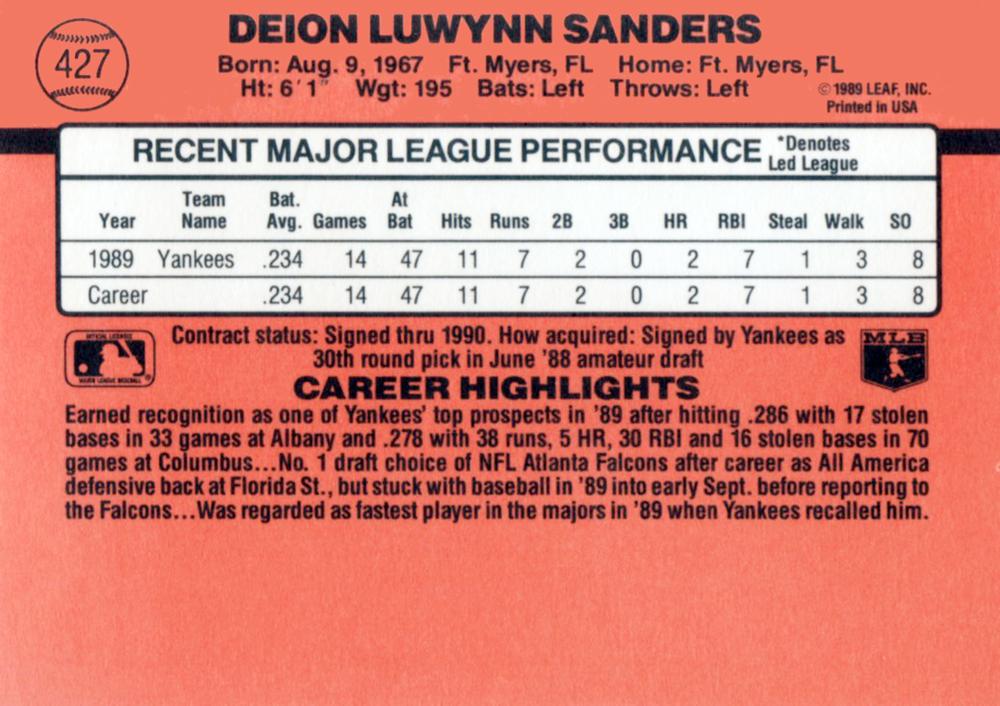 Deion Sanders  baseball card collectible - Main Image 2