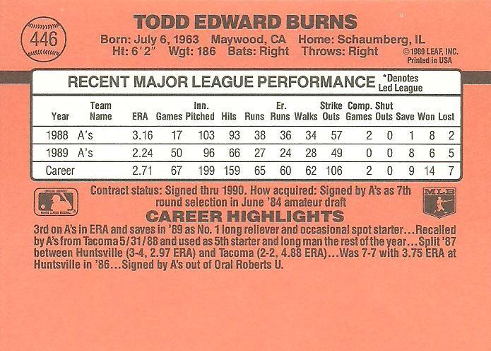 Todd Burns  baseball card collectible - Main Image 2