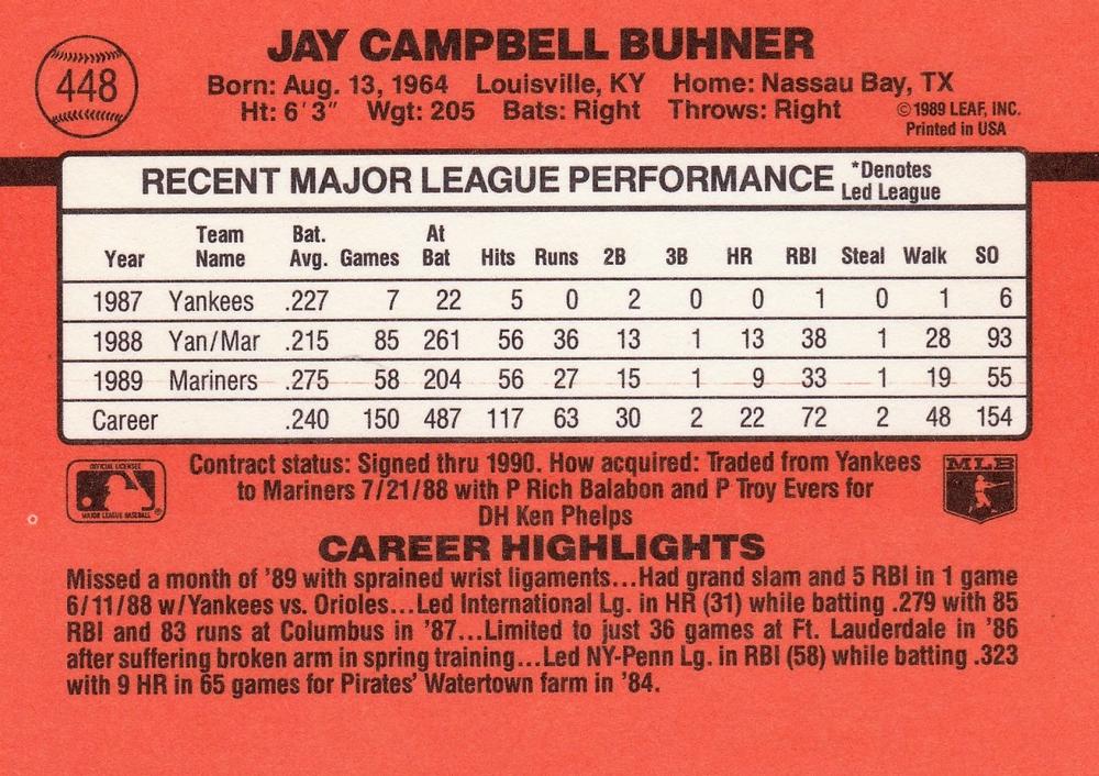 Jay Buhner  baseball card collectible - Main Image 2