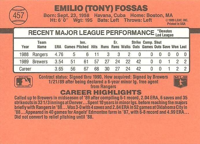 Tony Fossas  baseball card collectible - Main Image 2