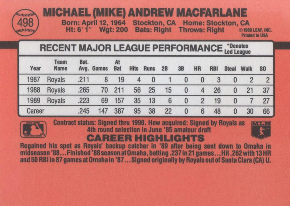 Mike Macfarlane  baseball card collectible - Main Image 2