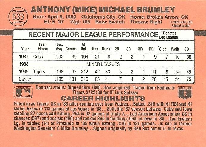 Mike Brumley  baseball card collectible - Main Image 2