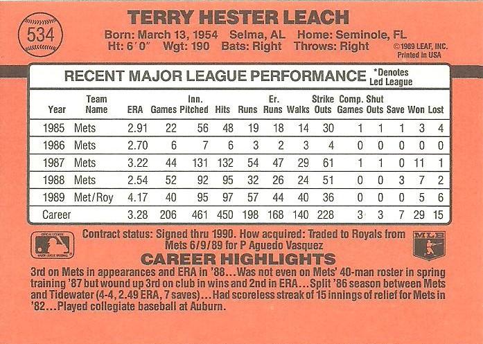 Terry Leach  baseball card collectible - Main Image 2