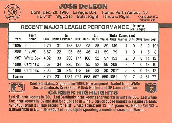Jose DeLeon  baseball card collectible - Main Image 2