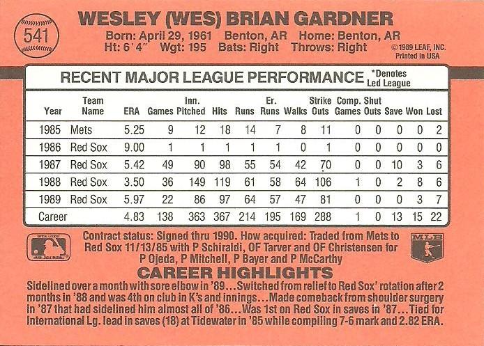 Wes Gardner  baseball card collectible - Main Image 2