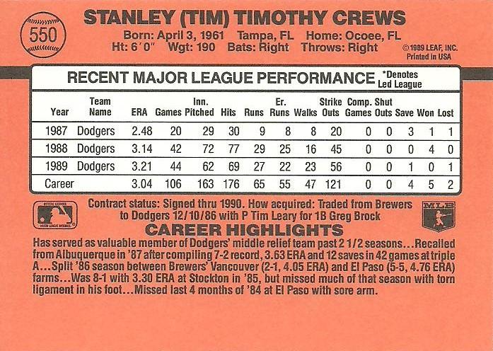Tim Crews  baseball card collectible - Main Image 2