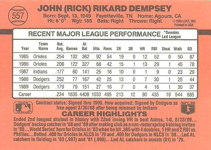 Rick Dempsey  baseball card collectible - Main Image 2