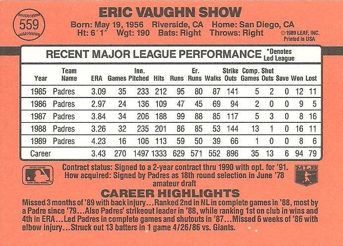 Eric Show  baseball card collectible - Main Image 2
