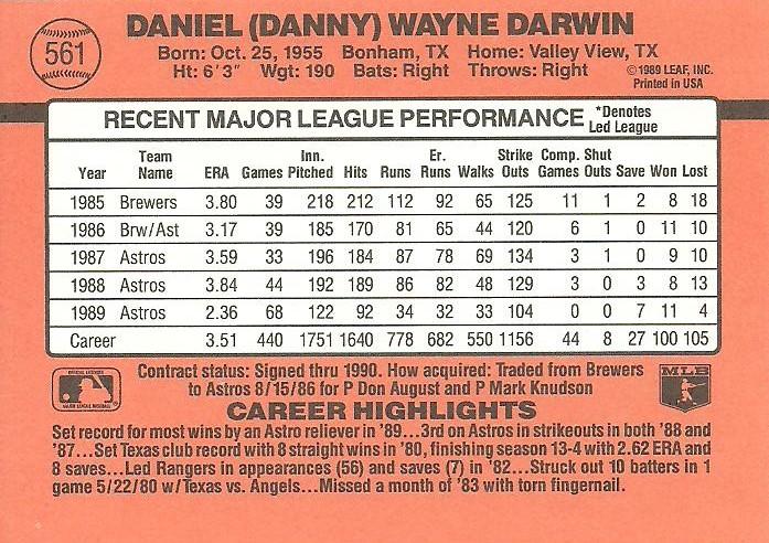 Danny Darwin  baseball card collectible - Main Image 2