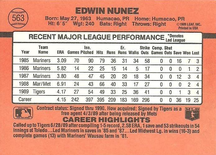 Edwin Nunez  baseball card collectible - Main Image 2