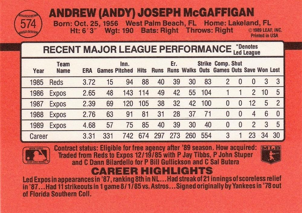 Andy McGaffigan  baseball card collectible - Main Image 2