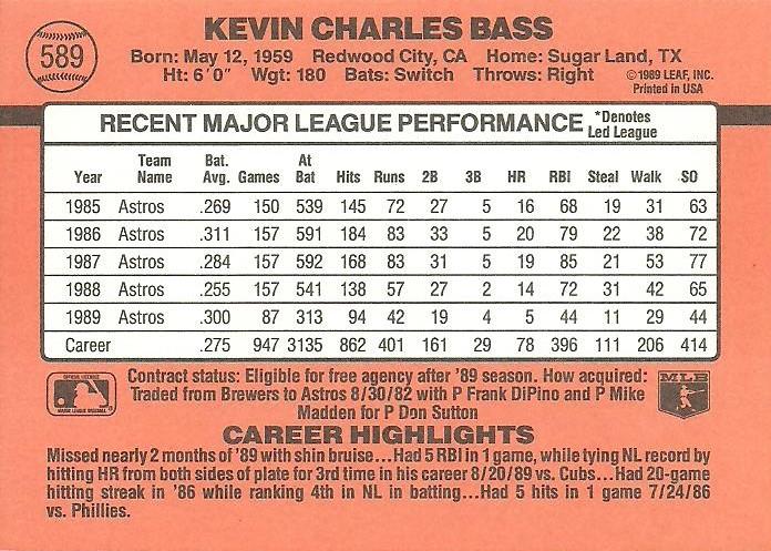 Kevin Bass  baseball card collectible - Main Image 2