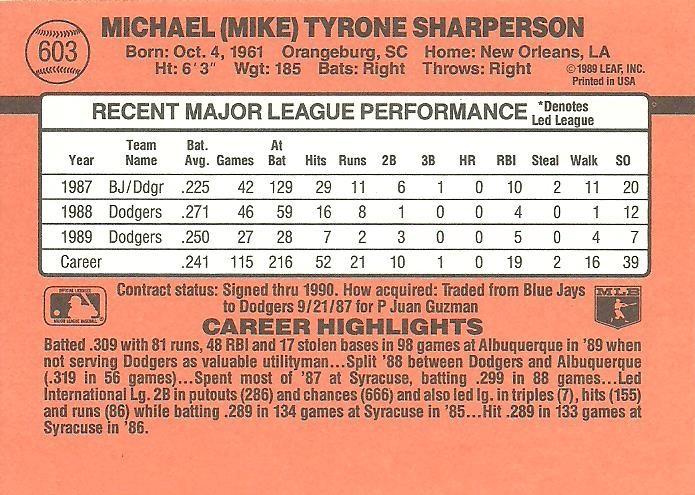 Mike Sharperson  baseball card collectible - Main Image 2