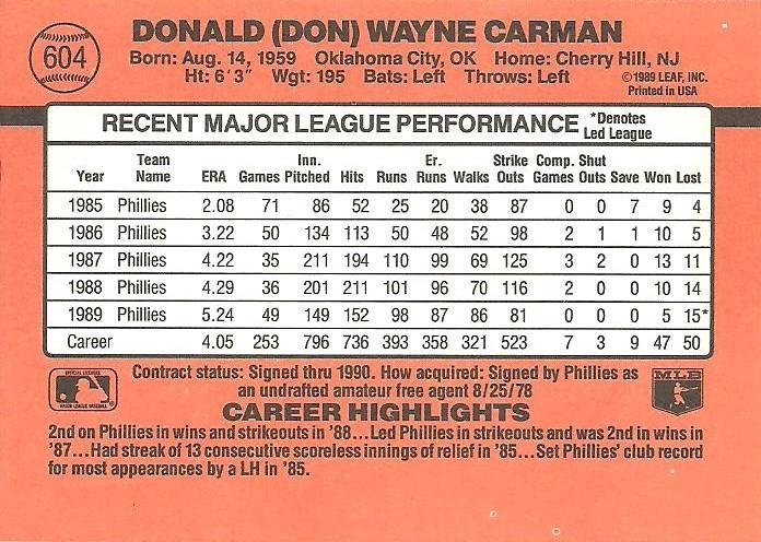 Don Carman  baseball card collectible - Main Image 2