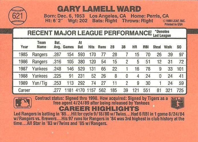 Gary Ward  baseball card collectible - Main Image 2