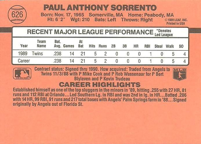 Paul Sorrento  baseball card collectible - Main Image 2