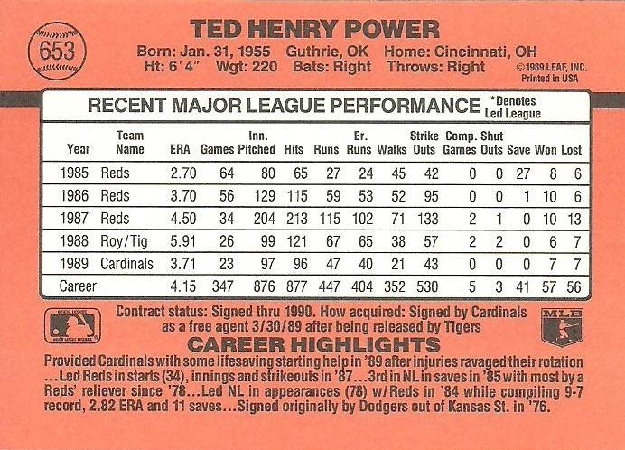Ted Power  baseball card collectible - Main Image 2