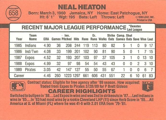 Neal Heaton  baseball card collectible - Main Image 2