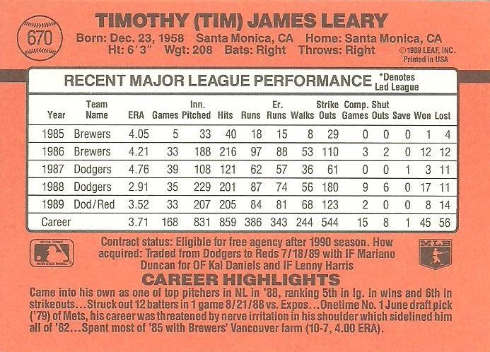 Tim Leary  baseball card collectible - Main Image 2