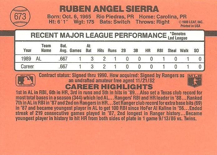 Ruben Sierra  baseball card collectible - Main Image 2