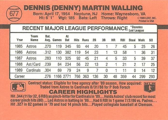 Denny Walling  baseball card collectible - Main Image 2