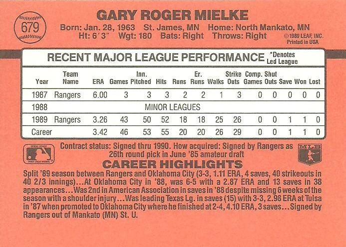 Gary Mielke  baseball card collectible - Main Image 2