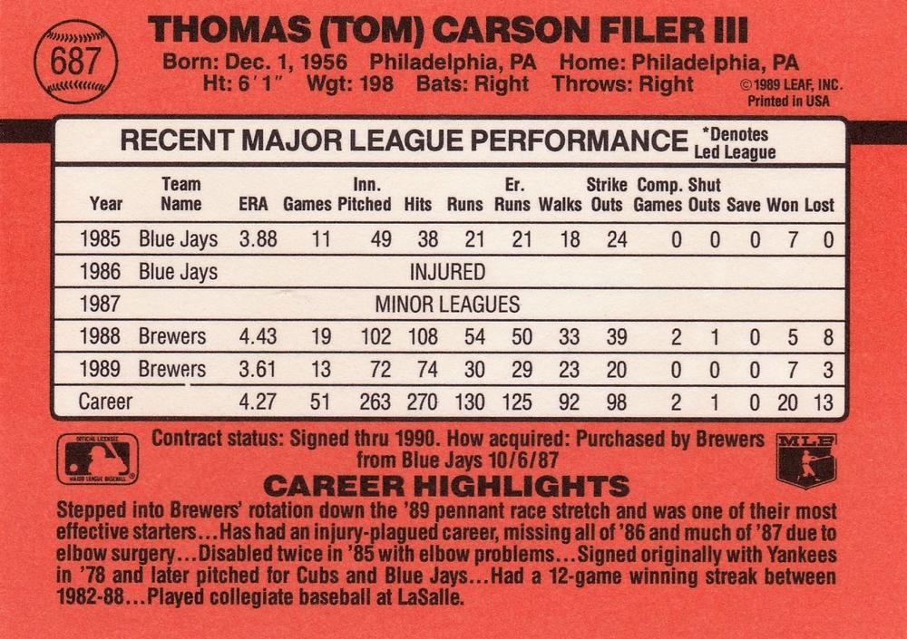 Tom Filer  baseball card collectible - Main Image 2