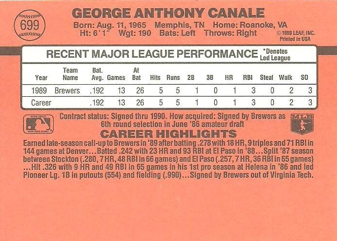 George Canale  baseball card collectible - Main Image 2